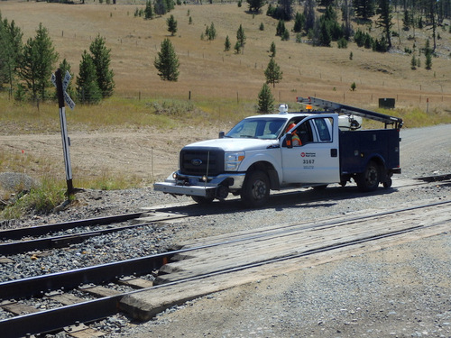 GDMBR: Track Inspector dropping his rail wheels to ride the tracks in his truck.